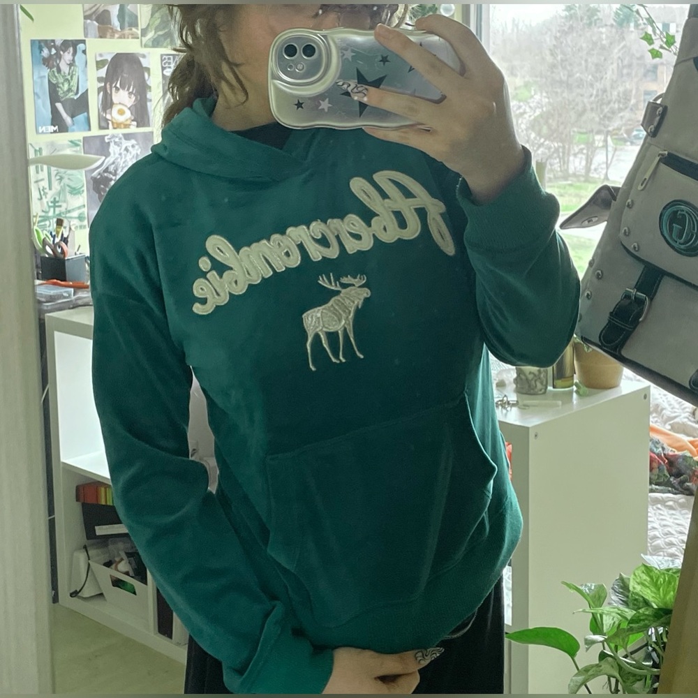 Abercrombie Embroidery Green Velour Y2K Hoodie